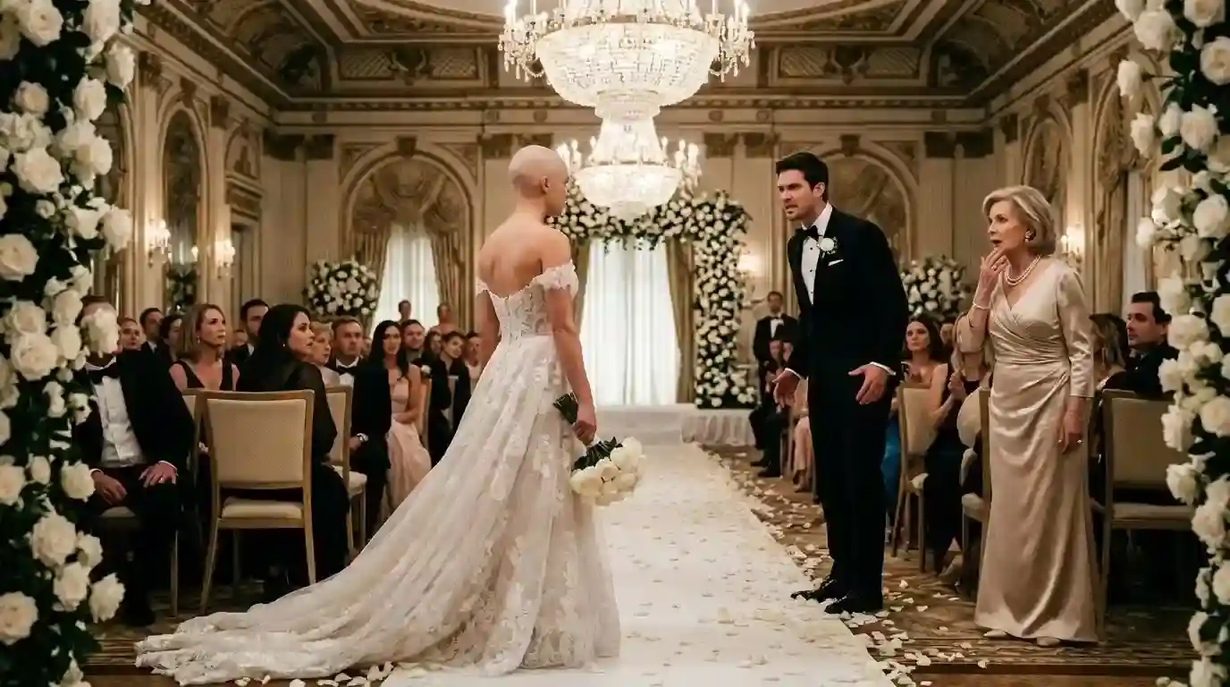 A bald bride standing in a grand wedding ballroom looking at a furious groom