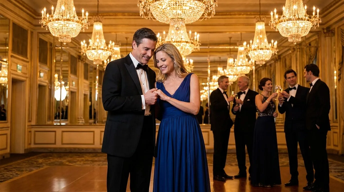 Taylor holding Maya's hand protectively in a glamorous ballroom