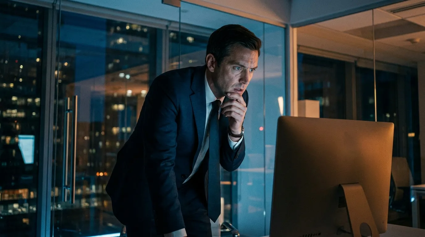 A serious bank manager looking at a computer screen in a glass office