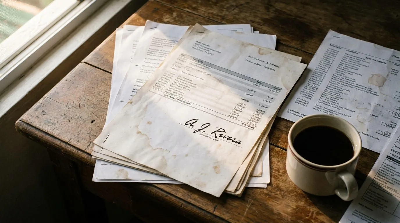 Photocopied bank statements and financial documents spread across a table