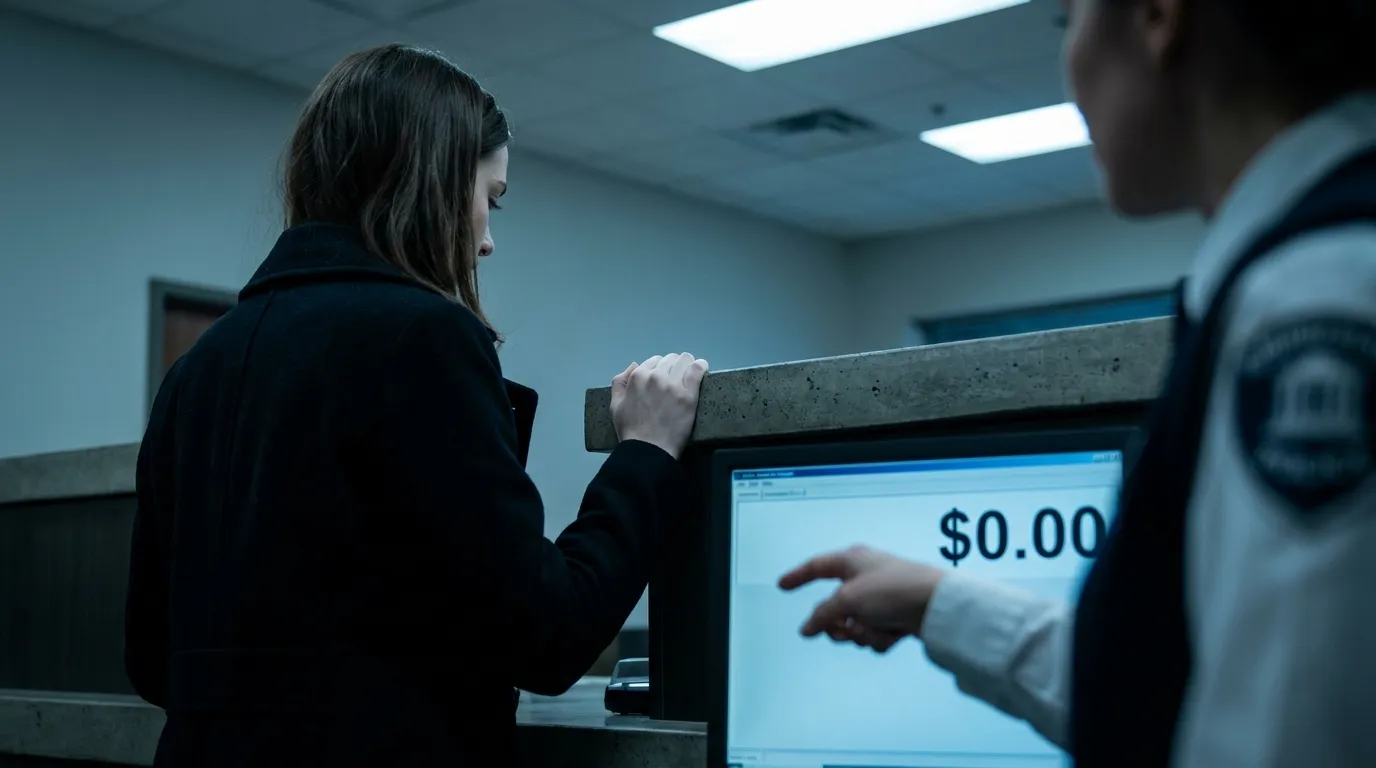 A young woman standing at a bank counter, gripping the edge as the teller points to a monitor.