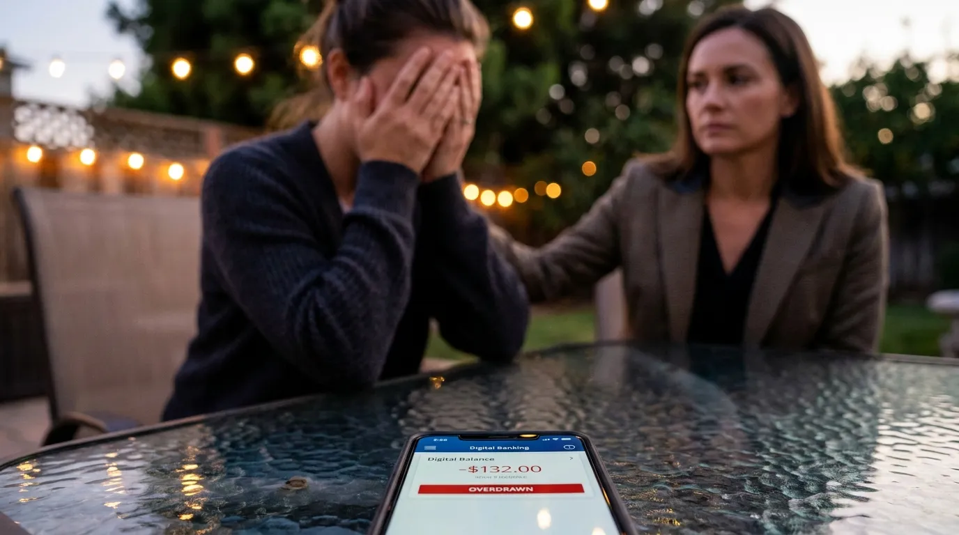 Smartphone showing a banking ledger on a patio table with a crying woman