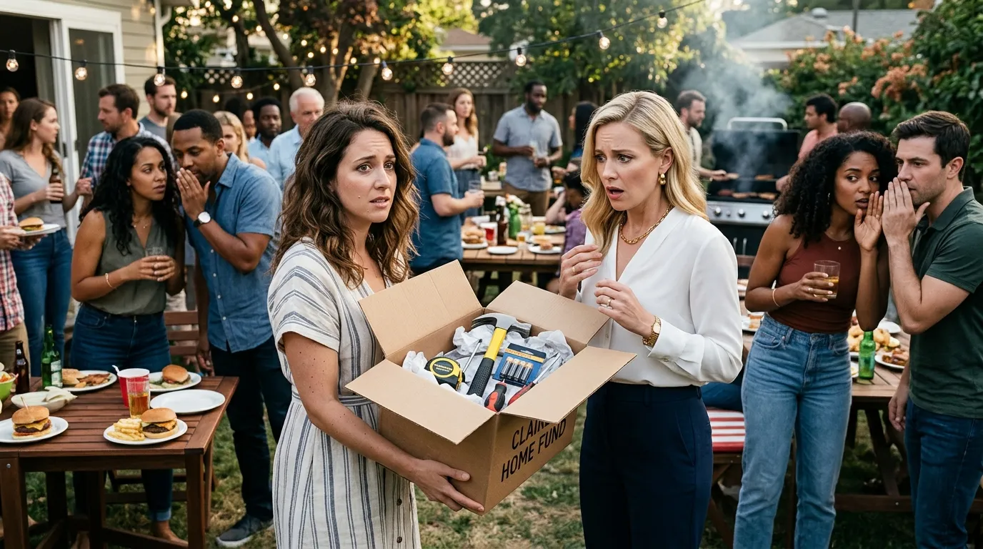 Wife handing a box of tools to a shocked neighbor at a crowded barbecue