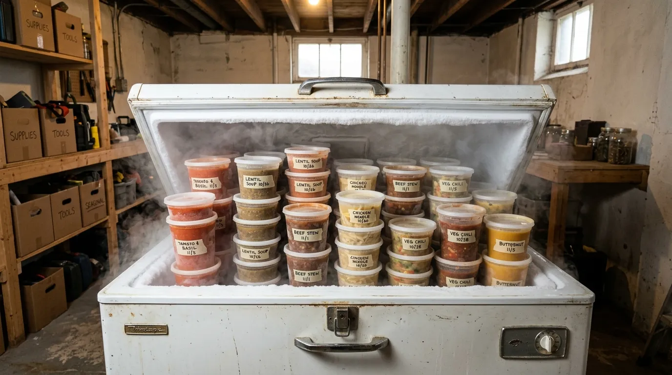 Old chest freezer filled with frozen soup containers in a basement