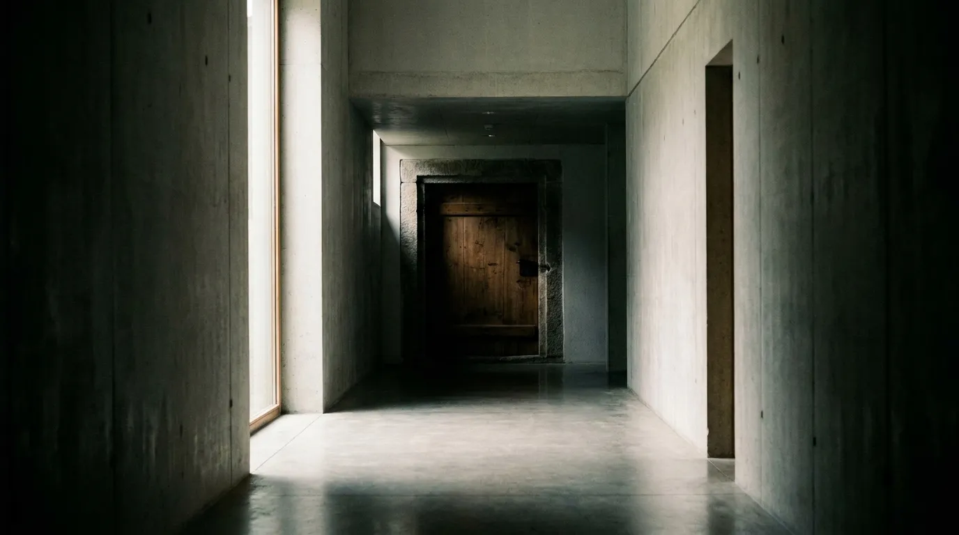A modern home hallway looking toward a closed wooden basement door surrounded by deep shadows