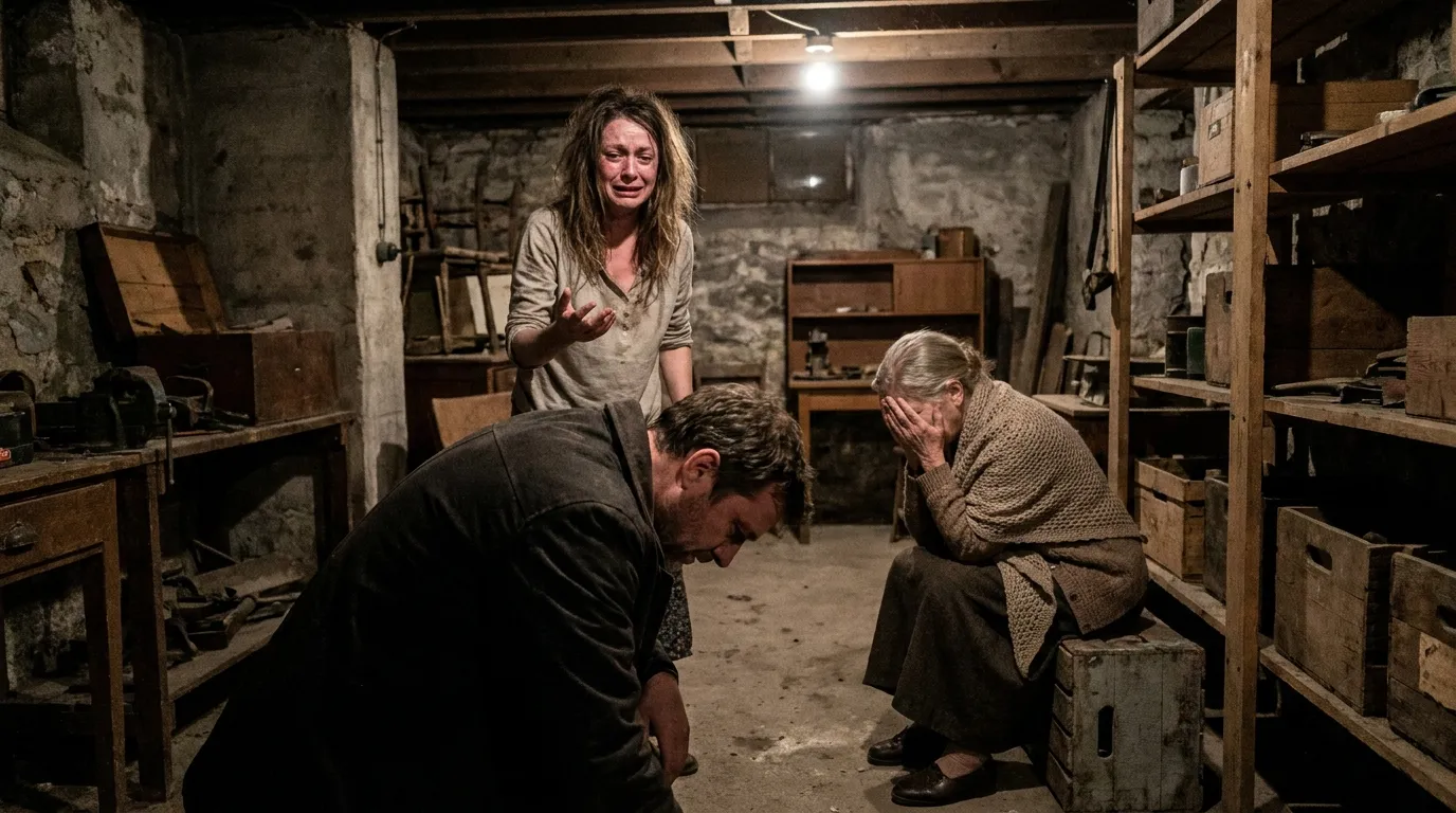 A tense, emotional confrontation in a dimly lit basement between a wife, her guilty husband, and her crying mother-in-law.