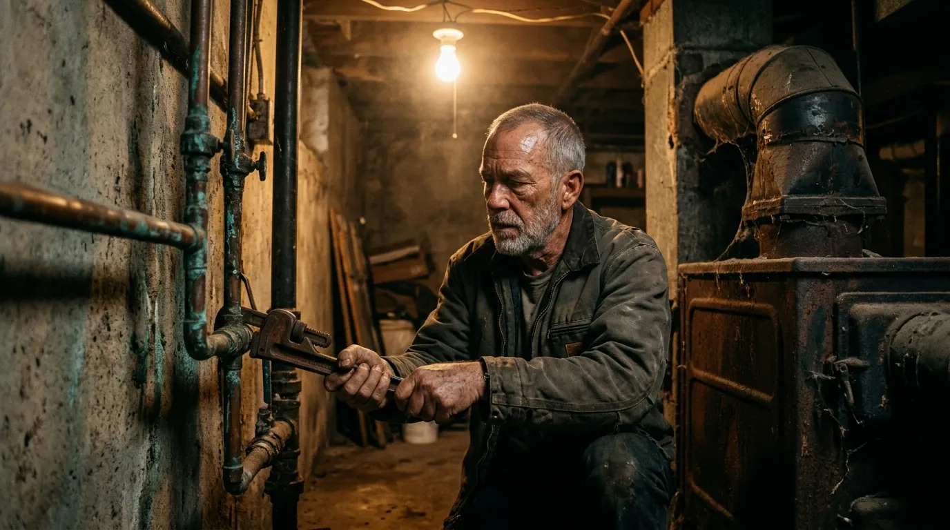The 61-year-old plumber working intensely on old corroded pipes in a dusty, dimly lit basement.