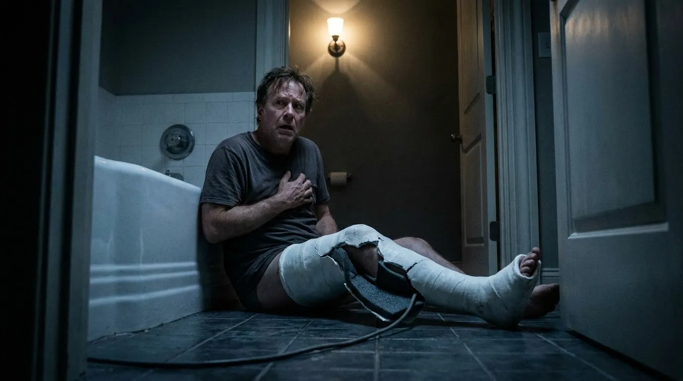 Man sitting on a bathroom floor looking terrified as his leg cast is cracked open