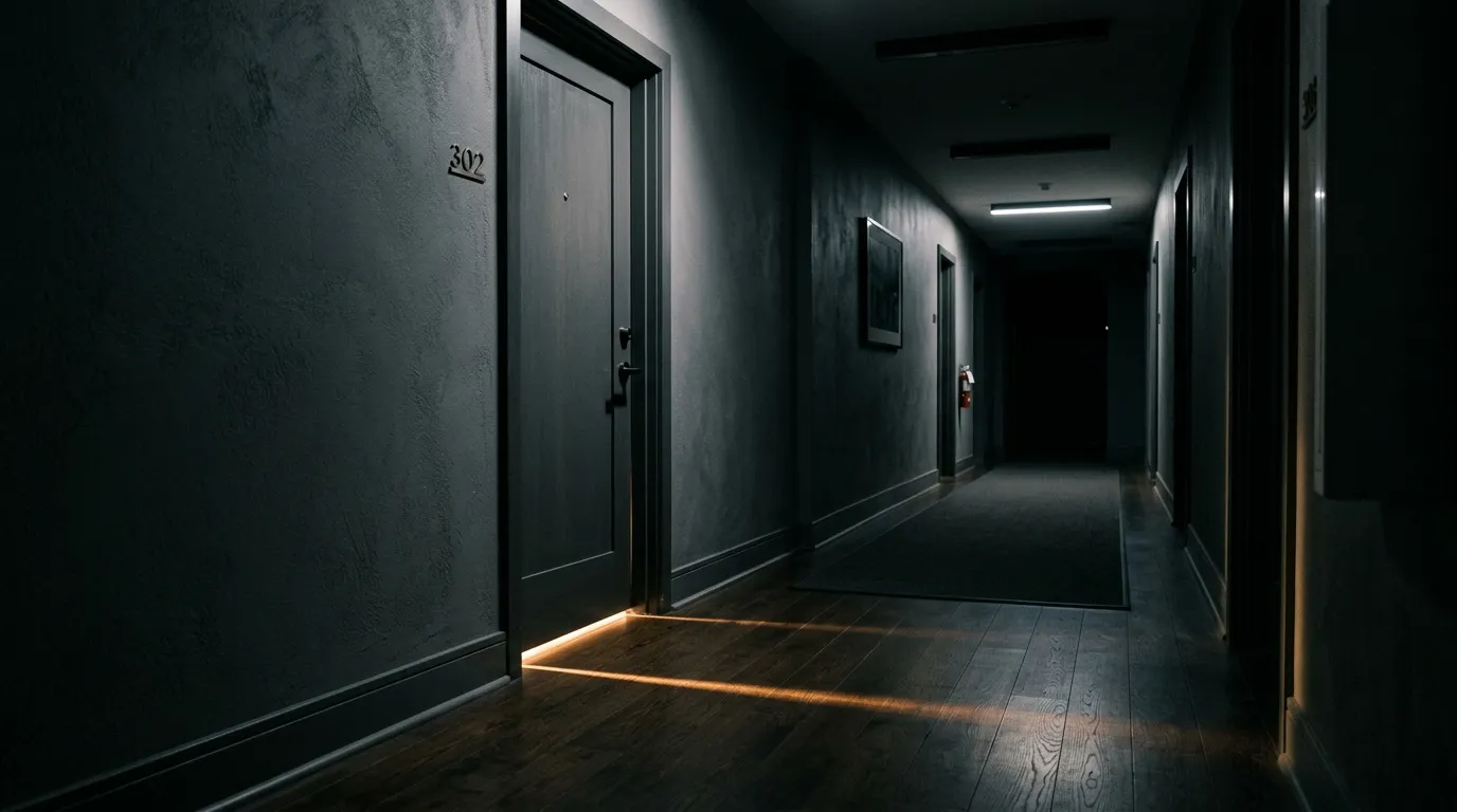 A dimly lit hallway at night with light glowing from under a closed bathroom door