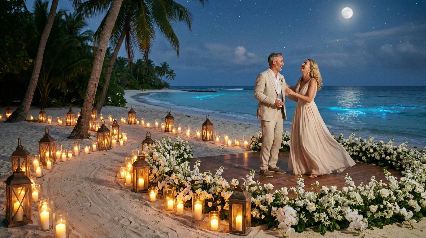 A couple dancing on a beach platform surrounded by candles