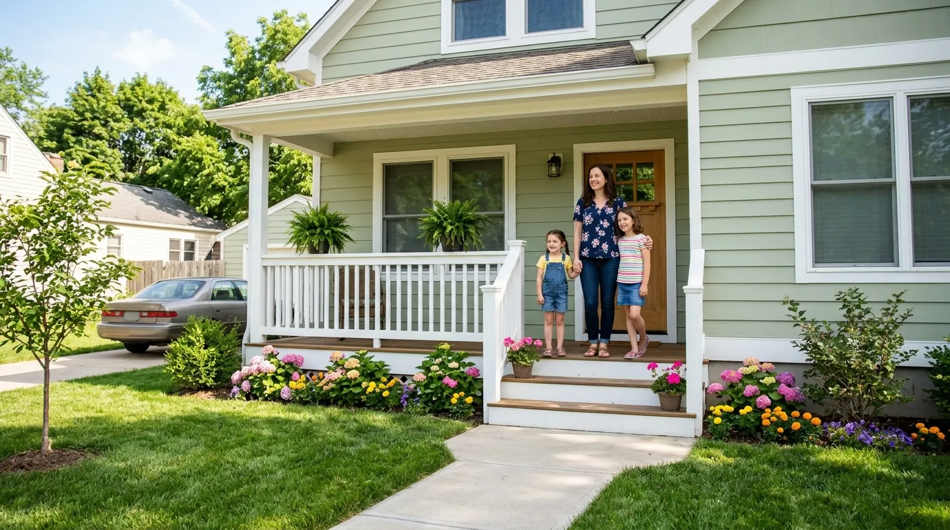 Mother and daughters smiling on the porch of their new, modest suburban home