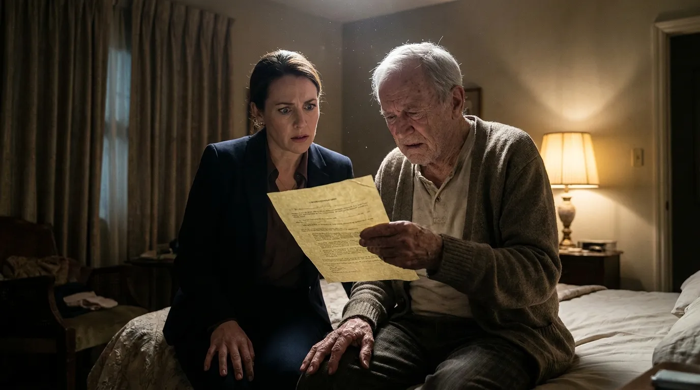 Professional woman looking shocked at a crumpled legal document in a dimly lit bedroom