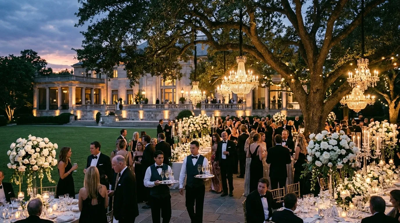 Luxurious outdoor engagement party at the Belle Meade estate with chandeliers and white roses