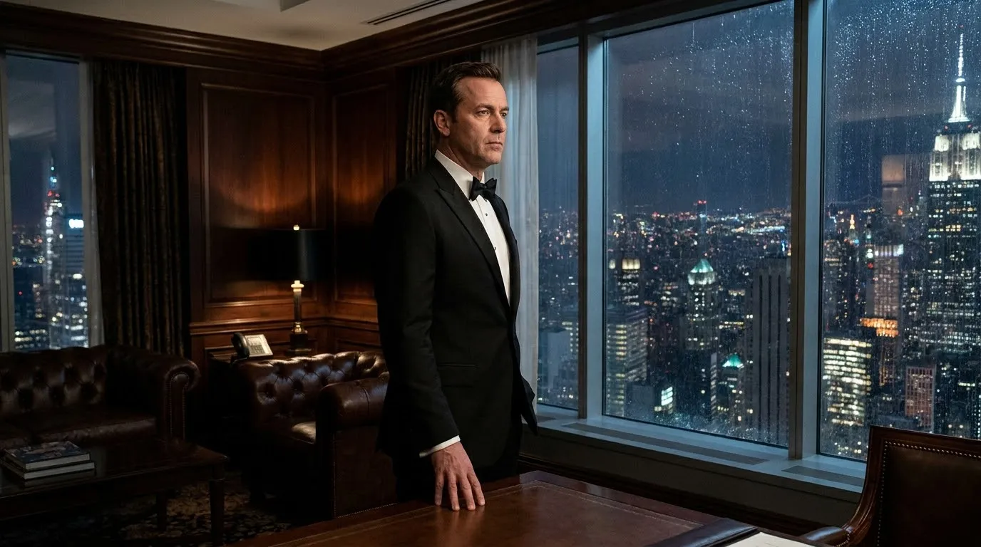 A billionaire in a tuxedo standing in his office looking protective