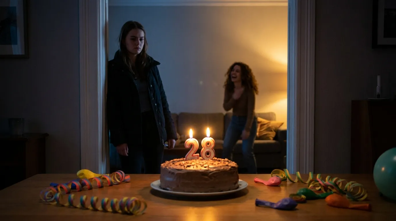 Chocolate birthday cake with 28 candles sitting in a brightly decorated party room