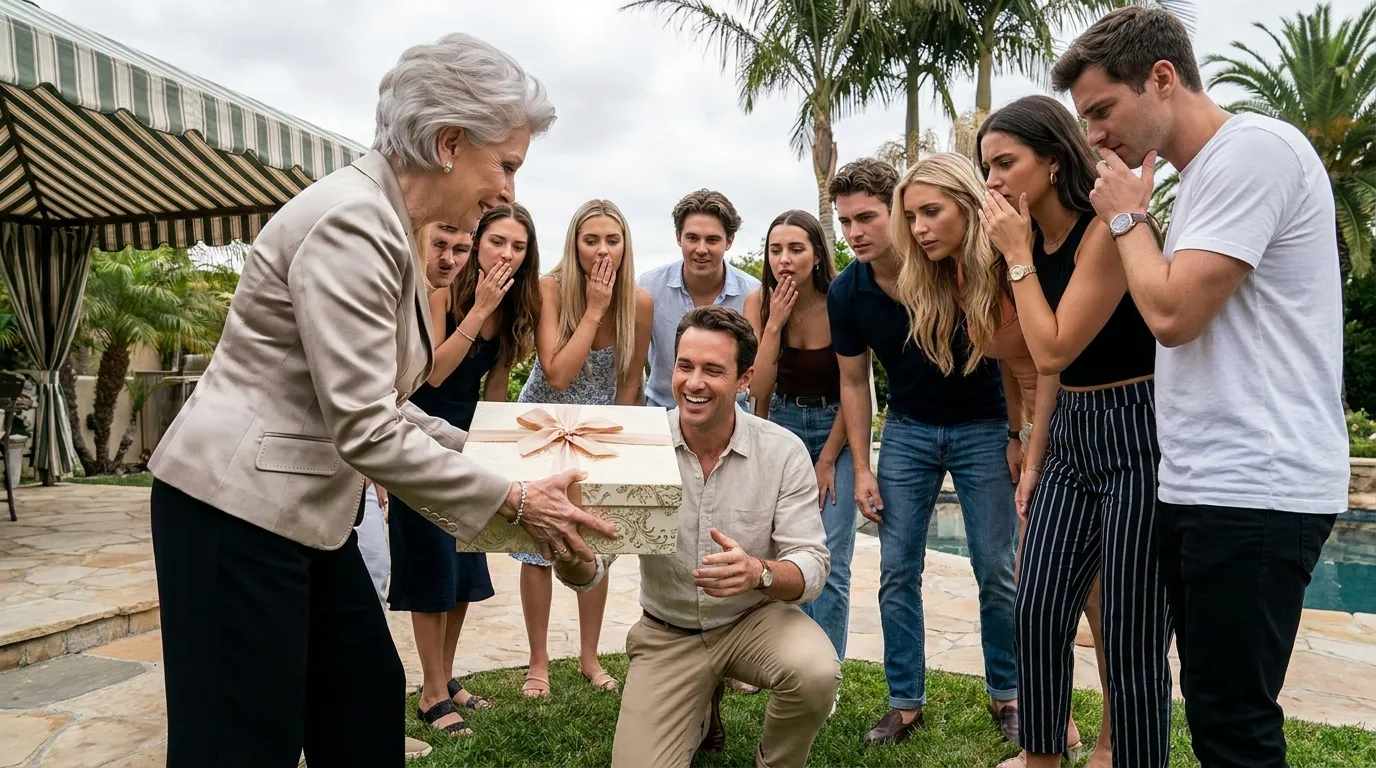 Barbara hands Ryan a large gift box at his backyard birthday party
