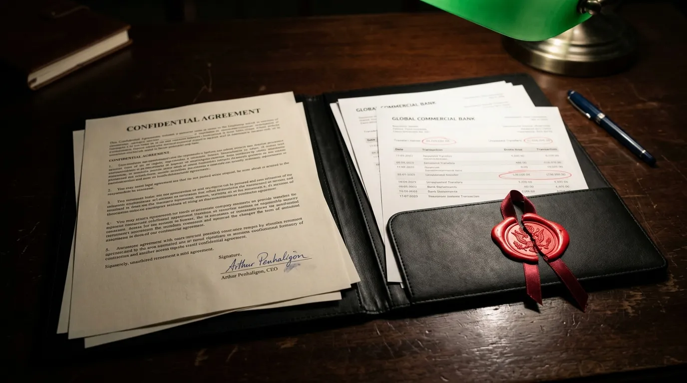 Close up of a black folder containing forged documents and bank statements.