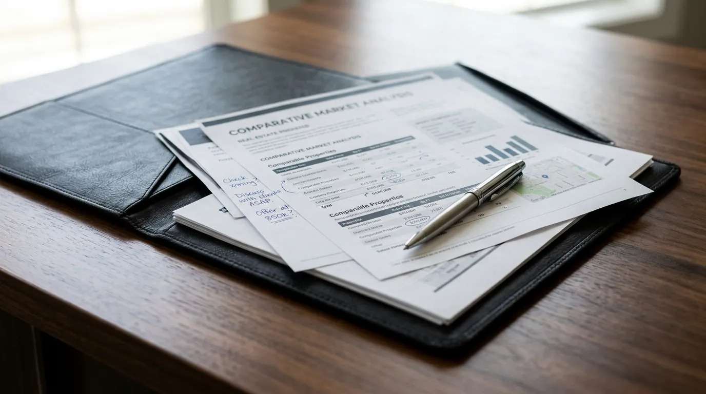 A black leather folder open on a desk, revealing real estate documents and printed property records.