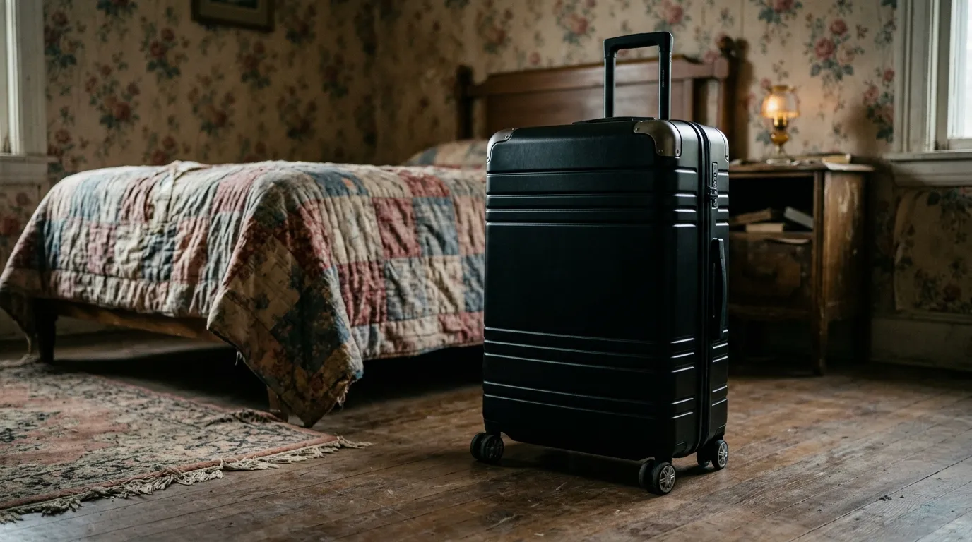 A large modern black suitcase sitting on the floor of a vintage bedroom