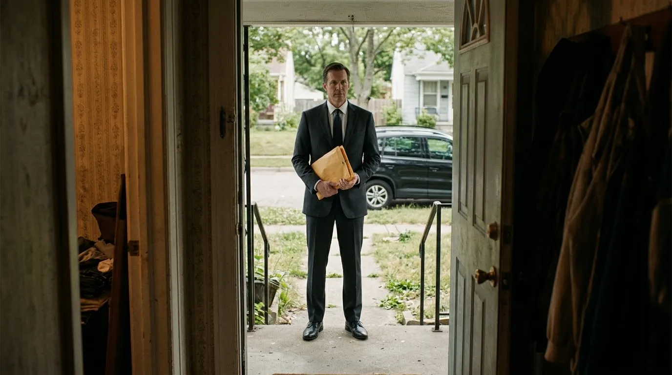 A tall man in a dark suit standing on a porch holding an envelope, seen through a cracked door