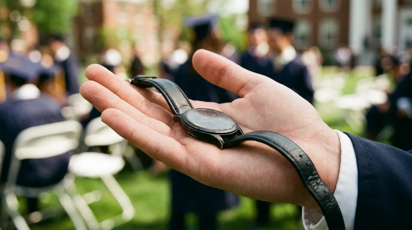 A black wristwatch held in a palm with a college graduation in the background