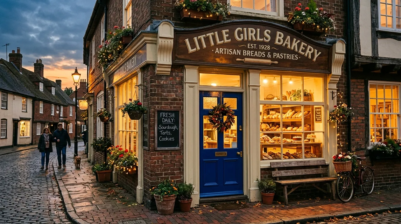 A vintage bakery storefront at night with a glossy blue door and warm light inside