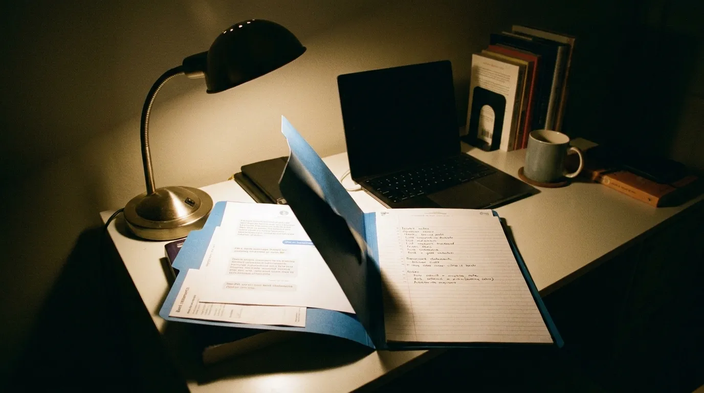 An open blue folder on a desk showing printed text messages and notes