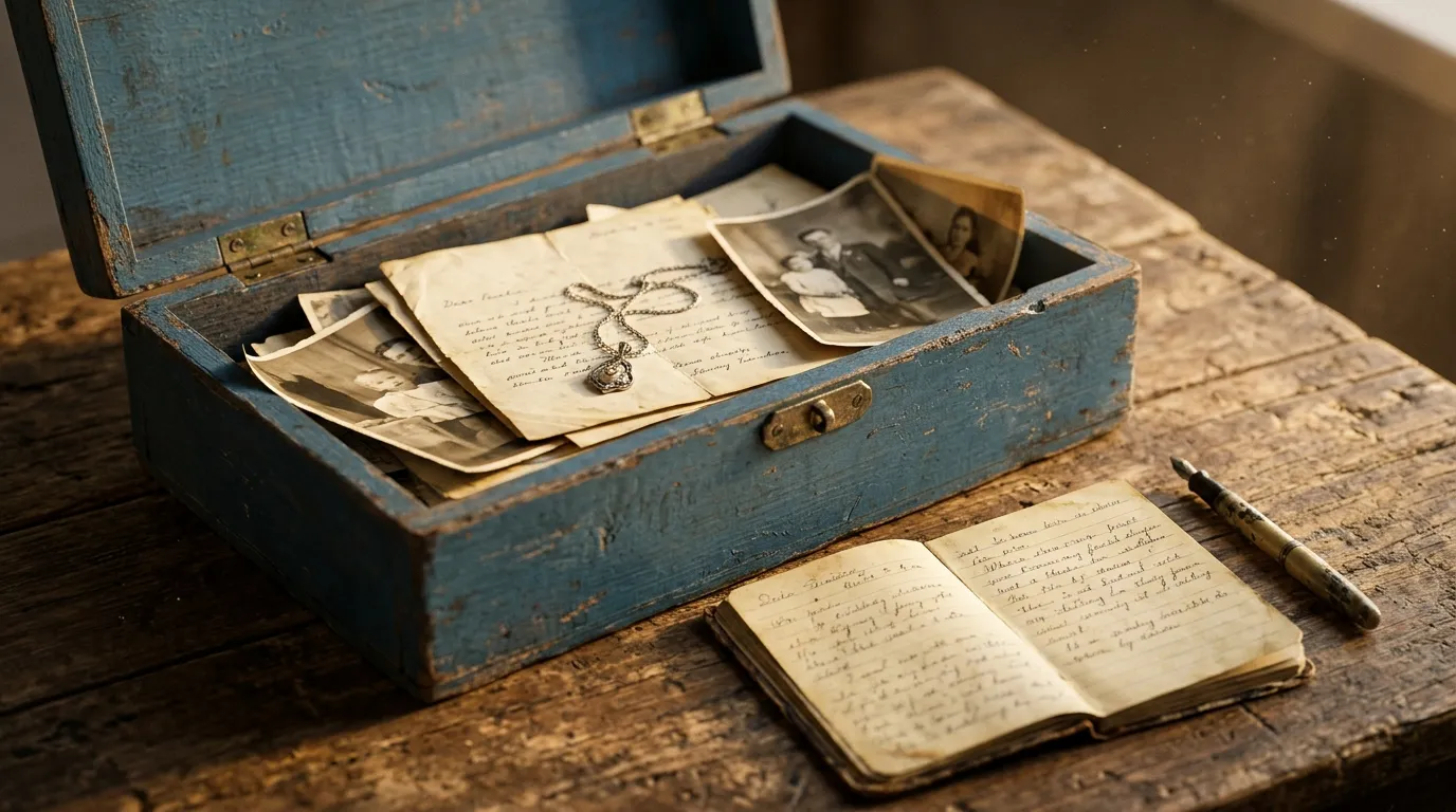 An open blue keepsake box next to a handwritten notebook.