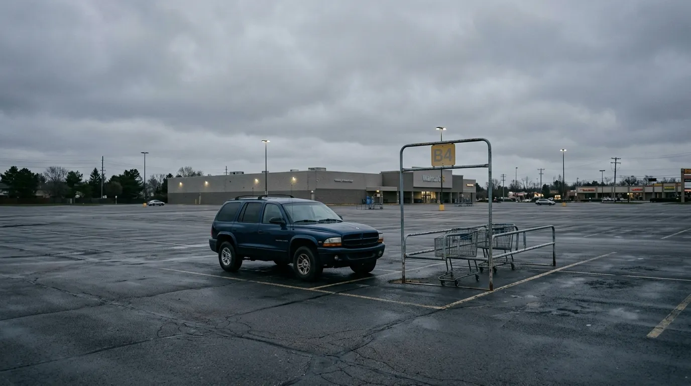 A blue SUV parked alone in a supermarket parking lot next to a B4 sign