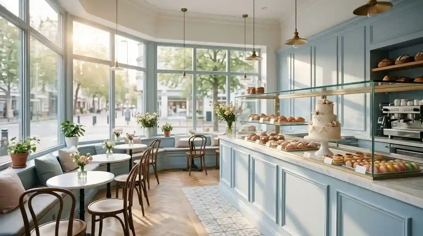 A beautiful pale blue corner bakery storefront with wide windows glowing in the morning light