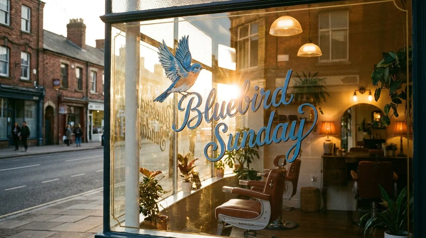 A warm, inviting hair salon window with a painted bluebird and a sign reading Bluebird Sunday