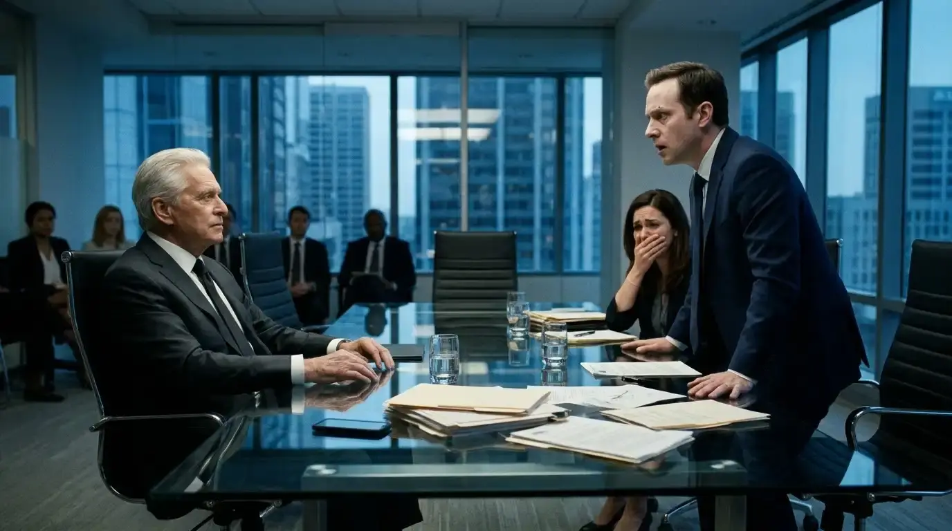 Harold sitting confidently at the head of the boardroom table while Derek stands up in panic and Vanessa cries
