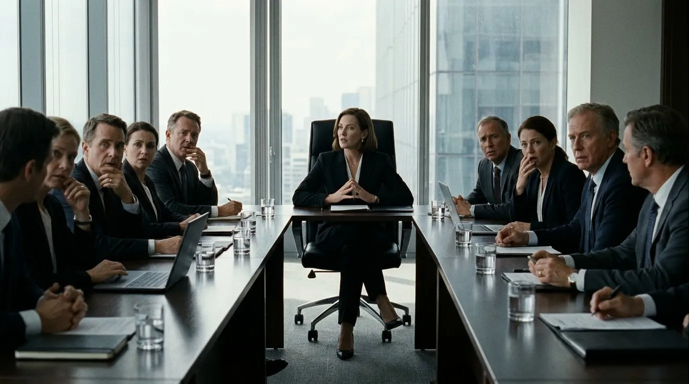 Powerful woman in a tailored suit sitting in a corporate boardroom