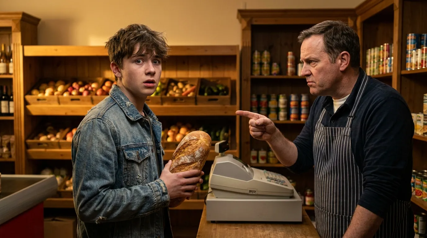 A frightened teenage boy caught holding a stolen loaf of bread in a grocery store by an angry owner