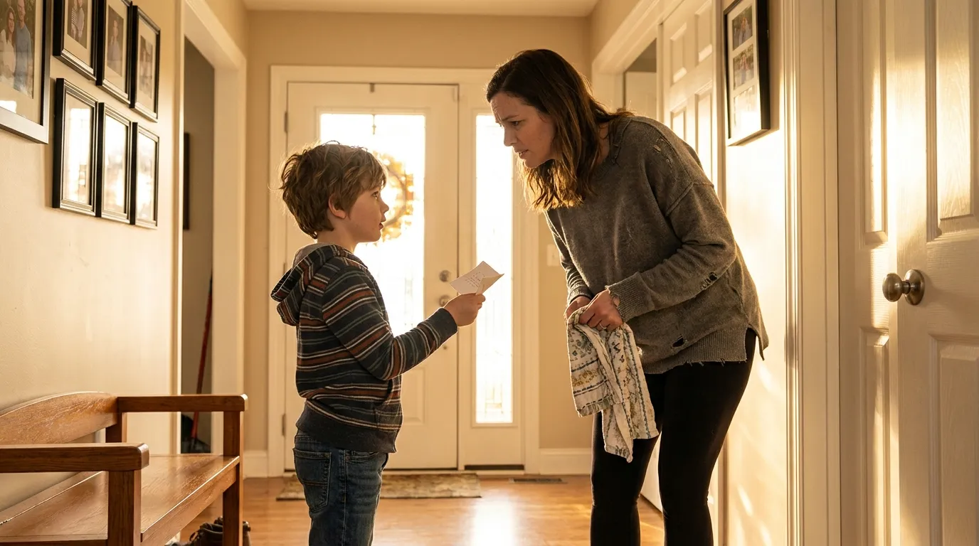 A young boy hands a folded piece of paper to his confused mother in a sunlit hallway.