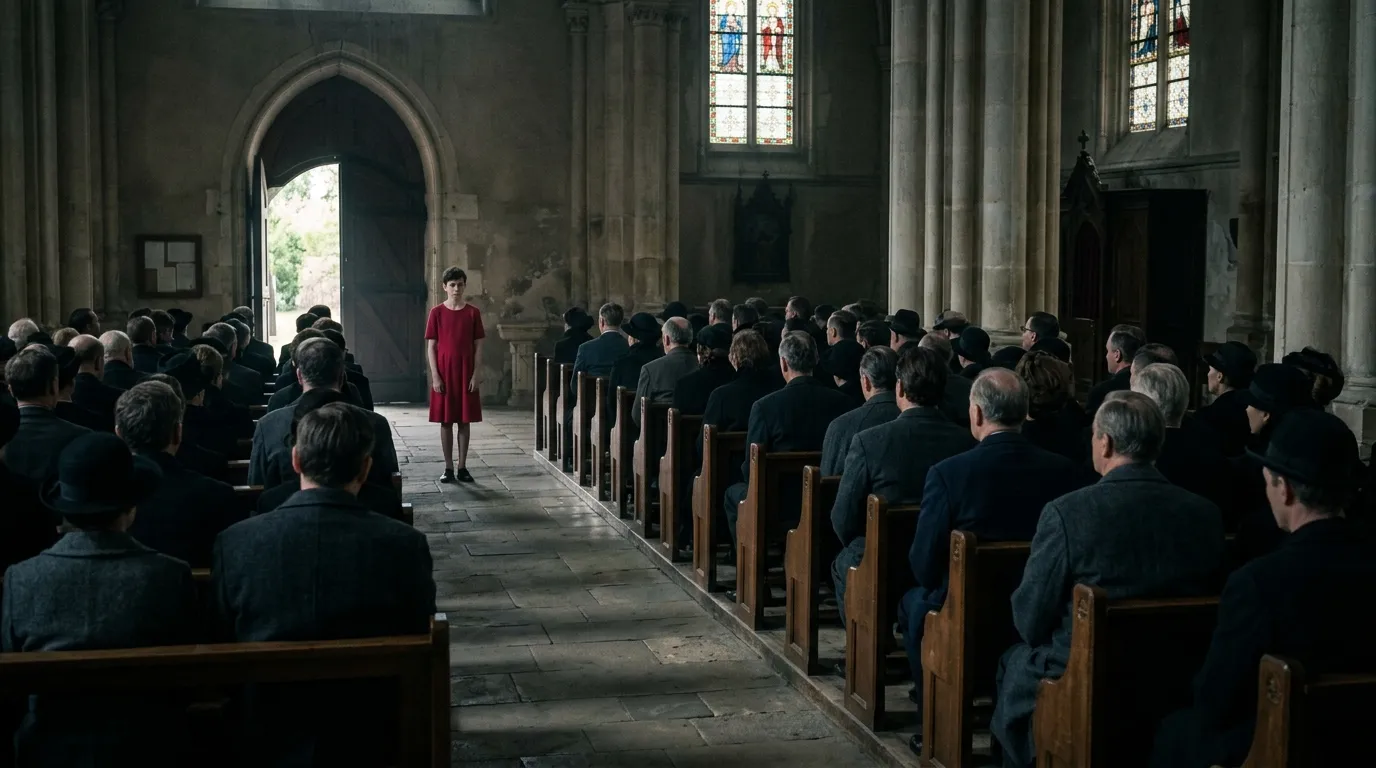 A young man wearing a red dress standing at the back of a somber church