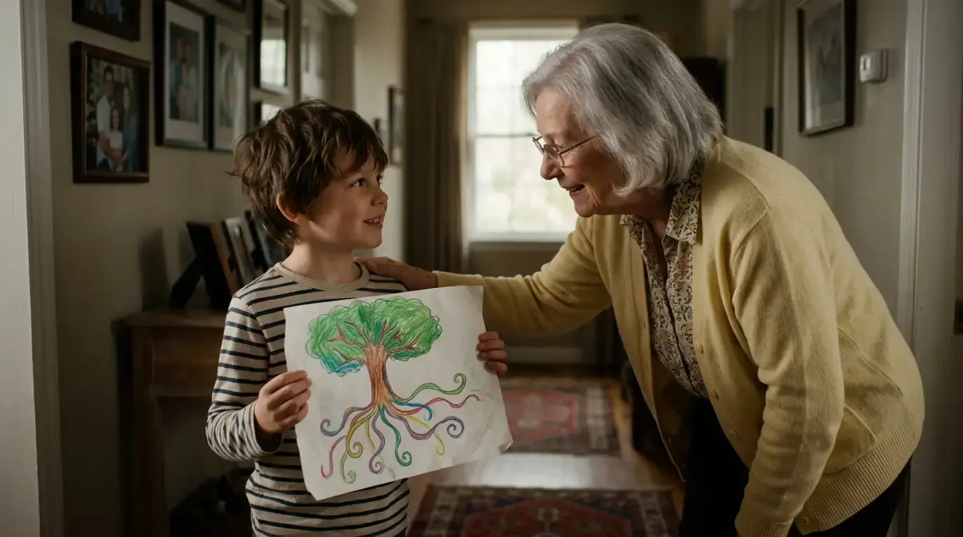 Young boy proudly showing his drawing of a tree to an elderly woman indoors