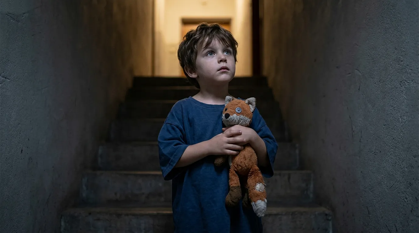 Little boy holding a stuffed fox toy looking up
