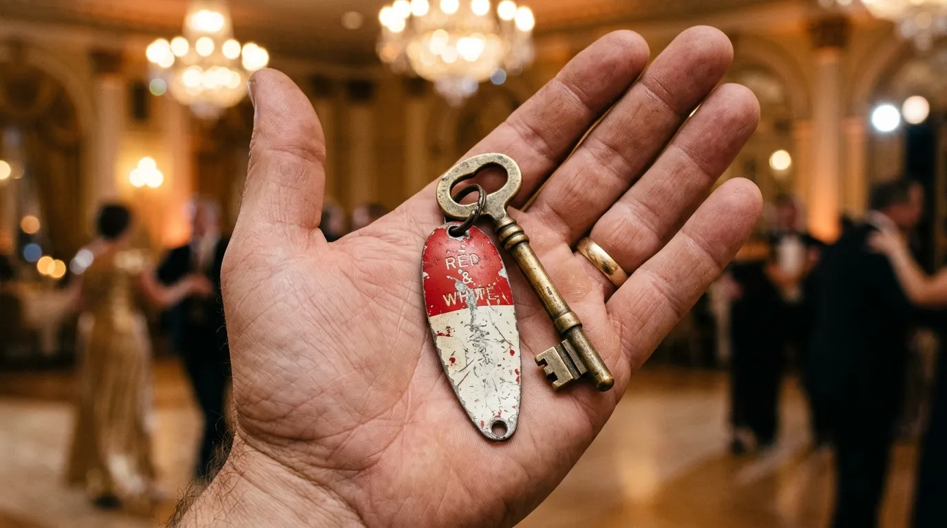 An open hand holding an old brass key with a faded red and white fishing lure attached