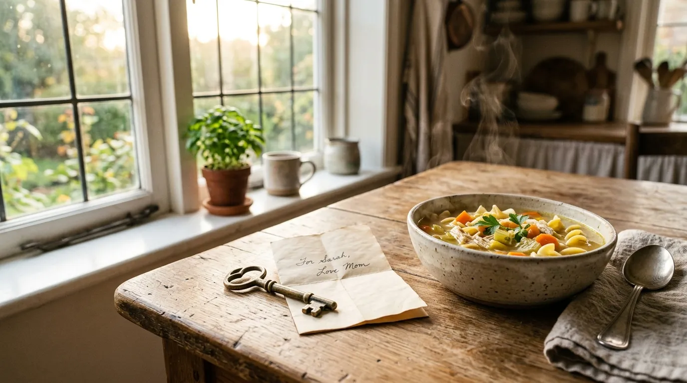 Vintage brass key and note next to a bowl of soup