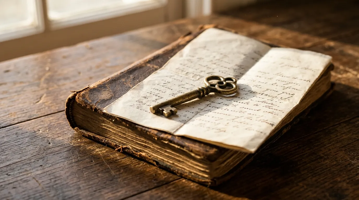 Small brass key resting on a handwritten letter and an old ledger book