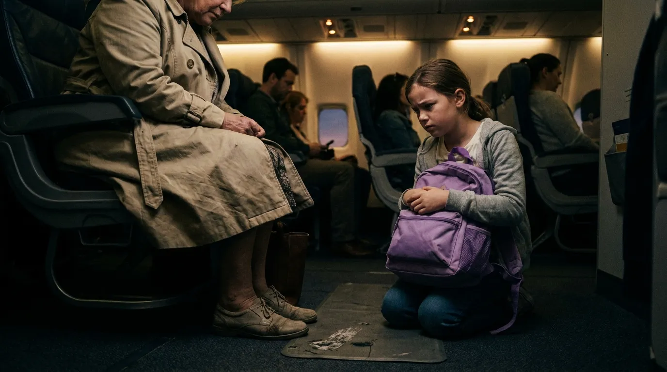 A 10-year-old girl sitting quietly in an airplane window seat, looking suspiciously at the floor.