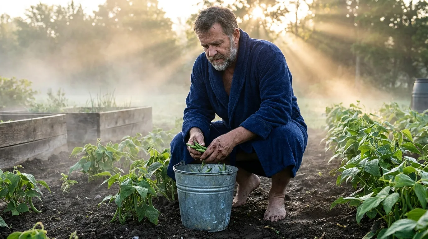 A wealthy man in a blue bathrobe kneeling in the dirt picking green beans