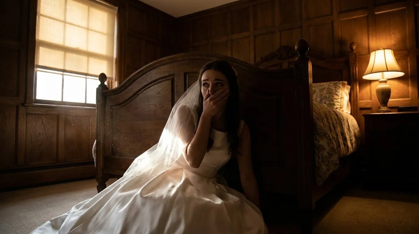 Bride hiding nervously beneath a wooden bed in a dimly lit room