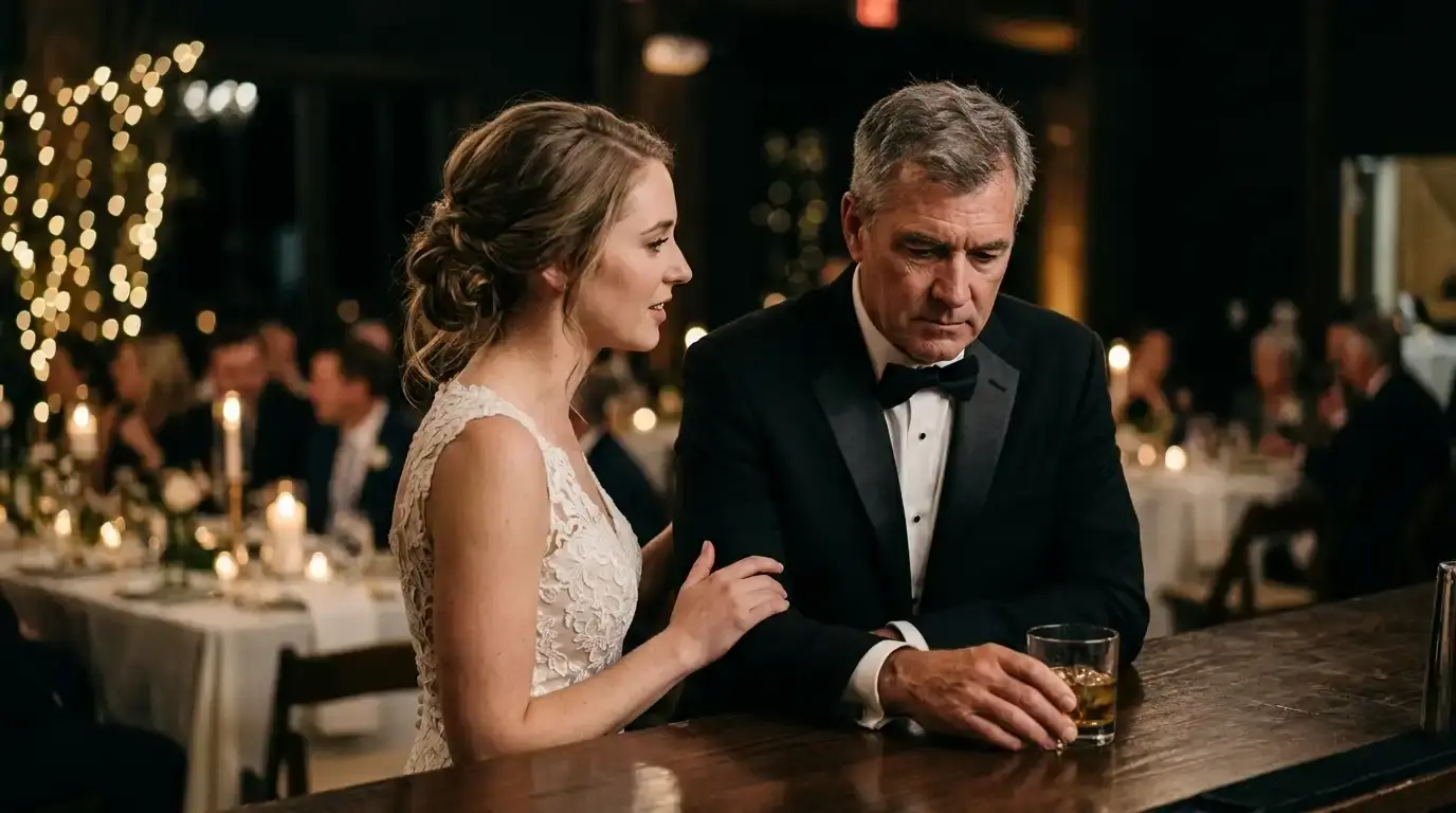 Bride in wedding dress having an emotional, serious conversation with her father at the reception bar