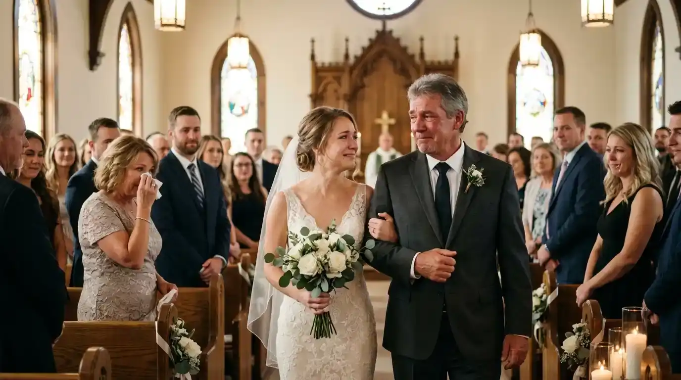 Bride smiling through tears as she walks down the aisle arm in arm with her stepdad