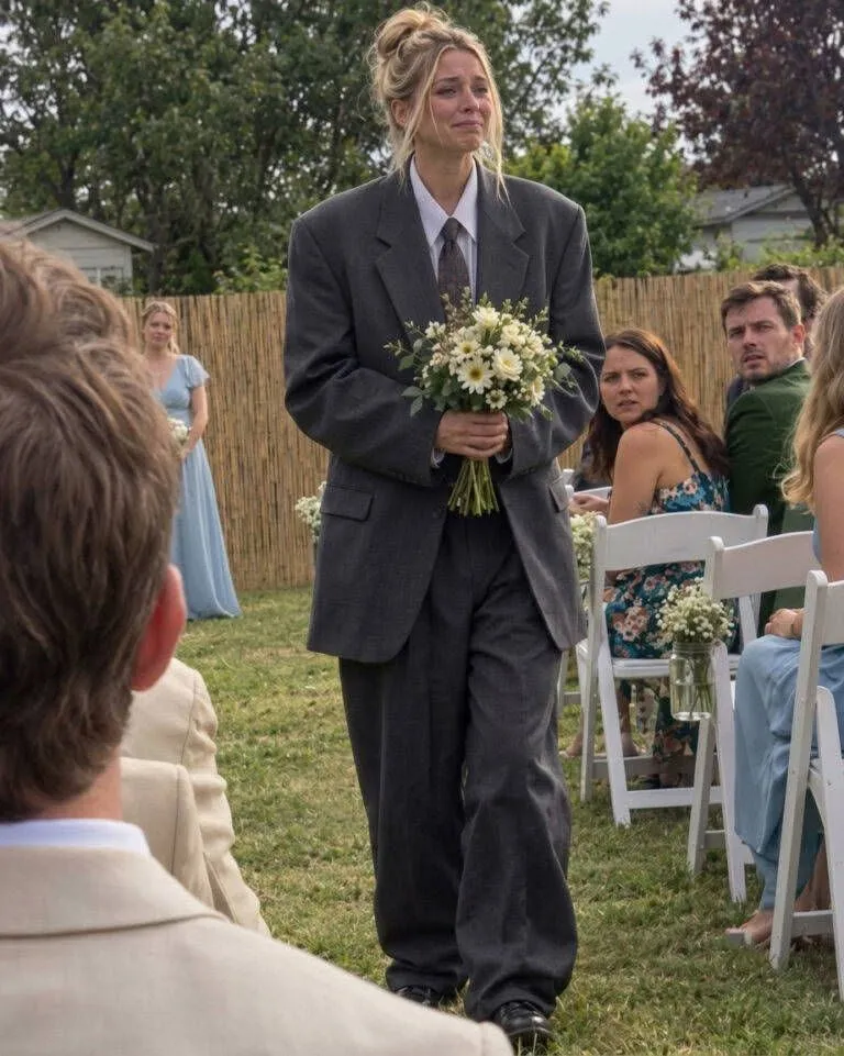 Bride walking down the aisle wearing an enormous black men's suit over her dress