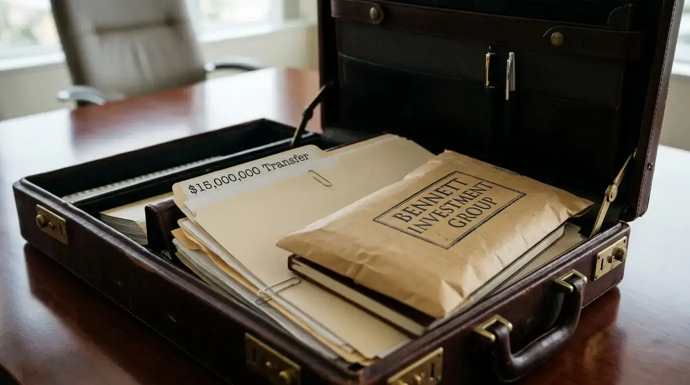 An open leather briefcase holding documents labeled 15 Million Transfer Agreement