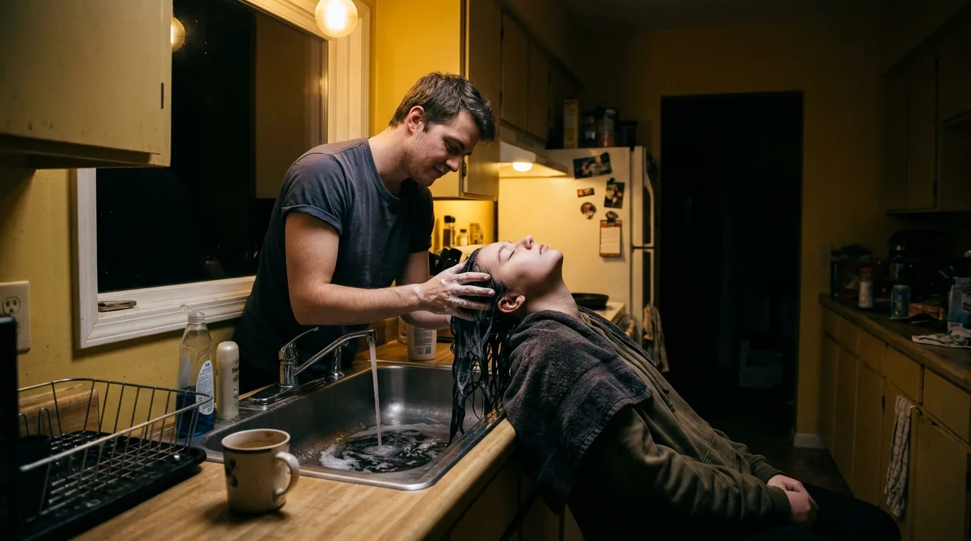 An older brother gently washing black paint out of his sister's hair in a dimly lit kitchen.