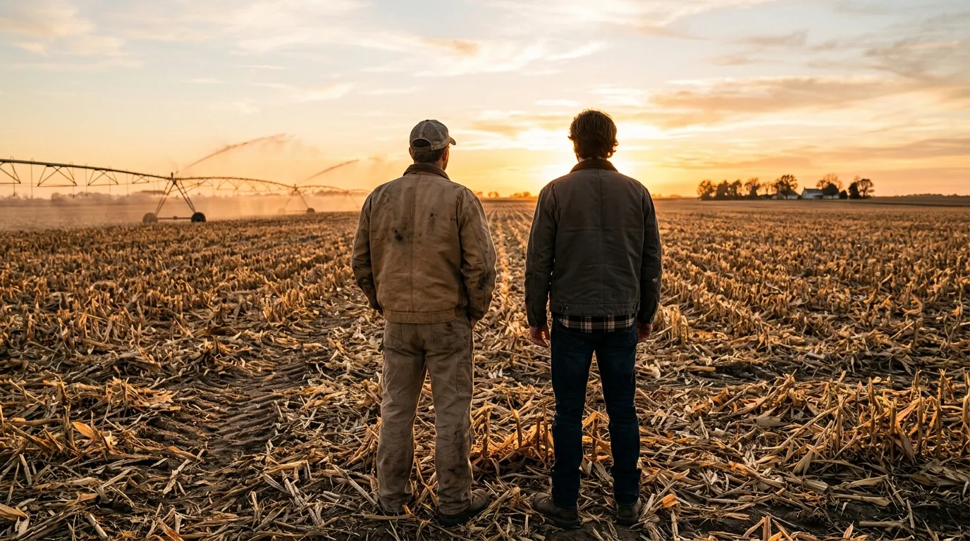 Two brothers standing side-by-side from behind, looking out over a freshly harvested midwestern cornfield at sunset.